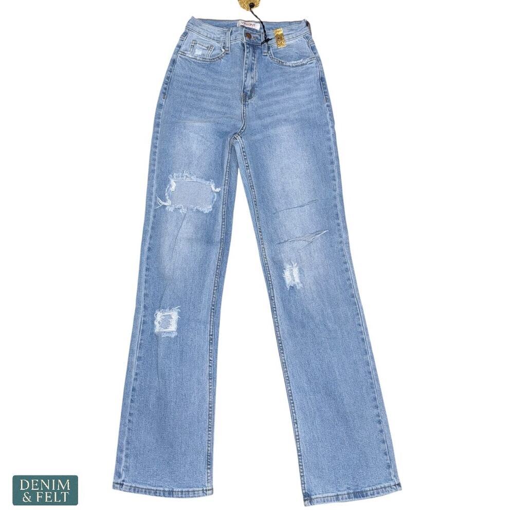 Vibrant M.I.U Distressed High Rise Straight Leg Jeans Light Wash Size 1 W24 NEW